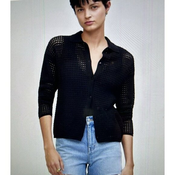 Madewell Open Stitch Polo Cardigan Sweater in Black Size S - Picture 1 of 8